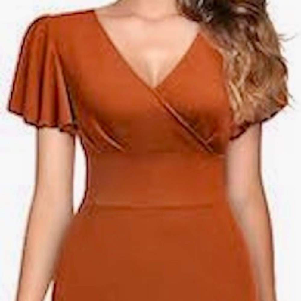 Women's Retro V Neck Ruffle Sleeves Evening Cocktail Slit Formal Dress